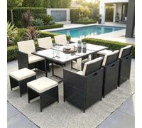 Poly rotin Ensemble de meubles de jardin table à manger Lounge 11 pièces Set de jardin 1x table + 6x chaises + 4x tabourets - noir