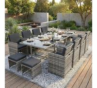 Poly rotin Ensemble de meubles de jardin table à manger Lounge 13 pièces Set 1x table + 8x chaises + 4x tabourets - gris