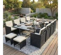 Poly rotin Ensemble de meubles de jardin table à manger Lounge 13 pièces Set de jardin 1x table + 8x chaises + 4x tabourets - noir