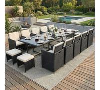 Poly rotin Ensemble de meubles de jardin table à manger Lounge 15 pièces Set 1x table + 10x chaises + 4x tabourets - noir