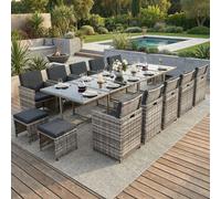 Poly rotin Ensemble de meubles de jardin table à manger Lounge 15 pièces Set 1x table + 10x chaises + 4x tabourets - gris