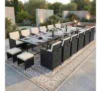 Poly rotin Ensemble de meubles de jardin table à manger Lounge 17 pièces Set de jardin 1x table + 12x chaises + 4x tabourets - noir
