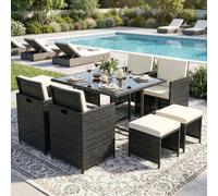 Poly rotin Ensemble de meubles de jardin table à manger Lounge 9 pièces Set 1x table + 4x chaises + 4x tabourets - noir