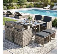 Poly rotin Ensemble de meubles de jardin table à manger Lounge 9 pièces Set 1x table + 4x chaises + 4x tabourets - gris