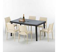 Poly rotin table rectangulaire avec 6 chaises colorées en poly rotin 150x90 noir