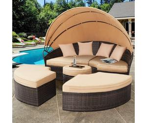 Polyrattan Ile de soleil 180cm Coquille de jardin Chaise longue Lit lounge brun/beige