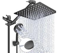 Pomme de douche à effet pluie en acier inoxydable de 20 cm avec douchette à main, bras d'extension de 28 cm, 6 modes de jet, fonction de nettoyage des carreaux intégrée, installation facile
