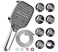 Pomme de douche haute pression avec flexible 1.5 m, douchette pluie chromée argent, 4 boutons, 8 jets réglables, douche à main économe en eau, pomme de douche amovible multifonction 2