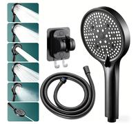 Pommeau de douche à main pressurisé 3 pièces, 5 modes de débit d'eau réglables, pommeau de douche haute pression, économiseur d'eau, accessoire de salle de bain, avec tuyau et support Black Set
