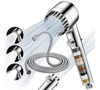 Pommeau de douche avec flexible de 2 mètres, filtre, 3 types de jets, couleur argent