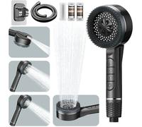 Pommeau de Douche Haute Pression, avec Tuyau Douche 1.5M et Support de Douche, 4 Types de Jets avec Bouton D'arrêt D'eau, Gris