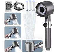 Pommeau de Douche Haute Pression, Pommeau de Duche Economie Deau avec Tuyau Douche 1.45M et Support de Douche, Haute Pression Filtre Douche 3 + 1 Types de Jets avec Bouton D'arrêt D'eau, Gris