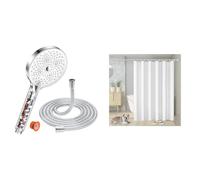 Pommeau de Duche avec tuyau 1,6M, YEAUPE PRO Pommeau de Douche Economie Deau & Vinabo Rideau Douche Anti Moisissure, 180 x 200cm Blanc, avec 12 Crochets, sans Percage