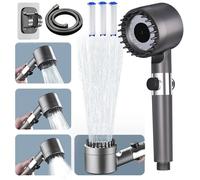 Pommeau douche haute pression - filtre anti-calcaire, 4 modes, bouton arrêt, tuyau 1.5m, gris