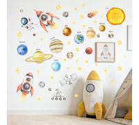 Pomodee Stickers Muraux Espace Astronaute Fusée Planètes Système Solaire Étoiles Vaisseau Spatial, Autocollant Mural Amovible-Décoration Murale pour Chambre Enfant, Bébé, Salle de Jeux et Pépinière