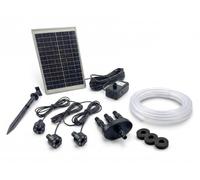 Pompe à fontaine solaire + batterie Kit complet 550 l/h avec éclairage LED | Pompe solaire, 550 l/h, batterie 2000 mAh, 3 LED blanc chaud, répartiteur 3 voies, tuyau de 3 m, piquet et support mural
