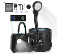 Pompe de douche portable rechargeable 6000mAh avec lampe LED camping, débit réglable IPX8, kit complet avec seau pliable 20L