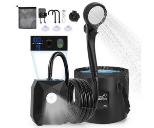 Pompe de douche portable rechargeable 6000mAh avec lampe LED camping, débit réglable IPX8, kit complet avec seau pliable 20L