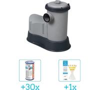 Pompe de filtration avec filtre 5678 L/1 500 gal, comprenant une cartouche filtrante (III) et des bandelettes de test.
