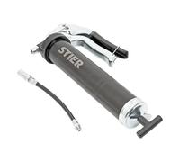 Pompe de graissage à une main STIER avec tuyau en nylon, pression de service 410 bars, compatible avec toutes les cartouches de graisse courantes, poignée revolver ergonomique antidérapante, pistolet