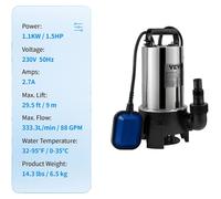 Pompe pour eaux usées, hauteur de refoulement maximale de 7,6 m, indice de protection IPX8, 1 100 W / 1,5 CV, UE