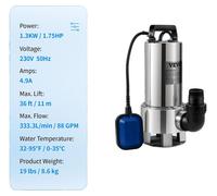 Pompe pour eaux usées, hauteur de refoulement maximale de 7,6 m, indice de protection IPX8, 1 300 W / 1,75 CV, UE