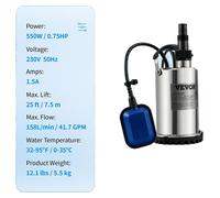 Pompe pour eaux usées, hauteur de refoulement maximale de 7,6 m, indice de protection IPX8, 550 W / 0,75 CV, UE