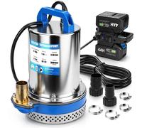 Pompe submersible 360° pour eaux sales, avec double batterie 2 x 4 Ah, hauteur de refoulement de 16 mètres, débit de 4800 litres/heure. Pompe à eau, pompe pour récupérateur d'eau de pluie, pompe pour 