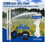 Pompe submersible pour puits profonds, 750 W, 230 V/50 Hz, débit de 100 l/min, hauteur de refoulement de 66 m, résistance au sable < 5 %, cordon électrique de 20 m, pompes à eau en acier inoxydable de