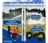 Pompe submersible pour puits profonds, 750 W, 230 V/50 Hz, débit de 105 l/min, hauteur de refoulement de 62 m, cordon d'alimentation de 20 m et pressostat automatique, pompes à eau en acier inoxydable