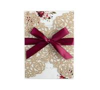 PONATIA Lot de 25 cartes d'invitation de mariage, fête prénuptiale, fiançailles, anniversaire, remise de diplôme, 250 g/m², 13,7 x 18,8 cm, rose creuse avec rubans bordeaux