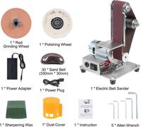 Ponceuse à bande électrique avec 7 vitesses, mini-ponceuse et polisseuse multifonctionnelle avec 10 bandes abrasives (30 x 330 mm), 1 disque abrasif rouge, 1 disque de polissage et 1 cire abrasive