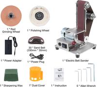 Ponceuse à bande électrique avec 7 vitesses, mini-ponceuse et polisseuse multifonctionnelle avec 10 bandes abrasives (30 x 330 mm), 1 disque abrasif rouge, 1 disque de polissage et 1 cire abrasive