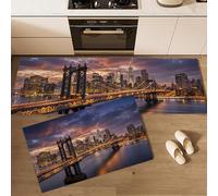 Pont De Brooklyn Tapis de Cuisine, 2 Pièces Antidérapants et Lavables Tapis de Sol Vue Nocturne De La Ville Tapis de Passage pour Couloir, Chambre à Coucher, Evier, 43x75cm+43x150cm Bleu-Violet