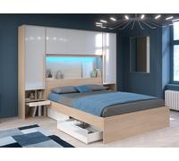 Pont de lit avec rangements - Avec LEDs - L265 cm - Coloris : Blanc brillant et naturel - VELONA