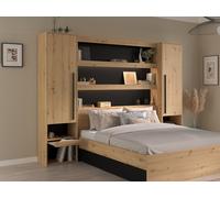 Pont de lit avec rangements et LEDs - L269 cm - Coloris : Naturel et noir - VARLY