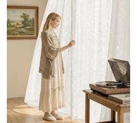 PONY DANCE Rideau Voilage en Dentelle Blanc à Motif Fleurs et Branches | Filtrant Lumière, Passant pour Tringle, Style Cottage Romantiques Pour Maison Salon Fenêtre, Lot de 2, L132 x H220cm