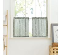 PONY DANCE Rideau Voilage Passe Tringle - Rideaux Vert avec Motifs Floraux Blanc pour Interieurs Decoration Printemps Cuisine Chambre Petite Fenetre, Lot de 2, L60 x H45cm