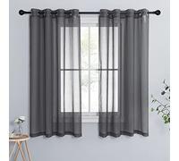 PONY DANCE Rideaux Voilage Gris - Rideau L 140 x H 145 Court Decoration de Maison Interieurs Chambre Fenêtre Cuisine Porte Store avec Oeillets Demi-Transparent 2 Panneaux