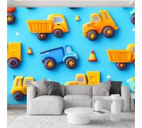 Pop Art Papier Peint Panoramique 3D 450L x 280H cm, Cartoon Petite Voiture Camion-Benne Camion Papier Peint Intissé - Bleu Photo Fresque Murale Moderne Décoration pour Salon Chambre d'enfant Fond TV