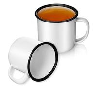 POPETPOP 2 Pièces Tasse Émaillée Vintage Blanche 150ml | Gobelet Léger à Surface Lisse, Bord Noir, Rinçage Rapide, Adapté au Café, à Soupe, à L’école Petit-déjeuner