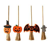 POPETPOP 4 Pièces Décoration D'halloween en Bois et Tissu avec Balai de Sorcière, Citrouille et Chauve-souris, pour Centre de Table de Fête et Décoration de Porche, Gain de Place et