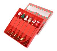 POPETPOP 6 Pièces Kit de Cuillères de Noël Six Pièces, Acier Inoxydable, | Coffret Rouge Doré, Motifs Ludiques, Usage Dessert et Café, Finition Polie, Fête Hivernale