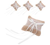 POPETPOP Coussin Porte-Anneaux Rustique en Lin Léger et Compact pour Cérémonie de Mariage, Lot de 4 Coussins Vintage Adorables pour Alliances