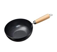POPETPOP Mini Wok Cuisine en Fer Noir sans Revêtement, Poignée Bois | Frire et Cuire à Vapeur, Usage Maison, Forme Plate, Compatible Gaz et Électrique, Antiadhésif