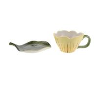POPETPOP Tasse à Café Tulipe Jaune 320ml en Céramique, Style Floral | Soucoupe Feuille, Poignée Ergonomique, Résistance Thermique, Usage Bureau et Maison, Lavage Lave-vaisselle
