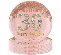 POPOYU 16 Pièces Assiette Jetable 30 Ans, 9 Pouces Rose et Or, Décoration Joyeux Anniversaire, Papier Décoré pour Deco Table Femme