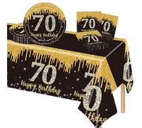 POPOYU 37 Pièces Assiette Vaisselle Anniversaire Kit,Noir Or Decoration Anniversaire Vaisselle 70 Ans Femmes Hommes,Nappe Papier Assiette Serviette pour Decoration Anniversaire 60 Ans Cadeau