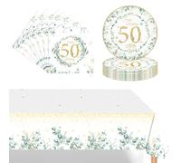 POPOYU 37 Pièces Assiette Vaisselle Anniversaire Kit,Vert sauge Decoration Anniversaire Vaisselle 50 Ans Femmes Hommes,Nappe Papier Assiette Serviette pour Decoration Anniversaire 50 Ans Cadeau