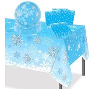 POPOYU 37P Vaisselle de Fête en Papier de Flocon de Neige -16x Assiette Reine Des Neiges,20 x Serviettes,Nappe de Frozen,Ensemble de Vaisselle pour Anniversaire Reine Des Neiges Décoration(16 invités)